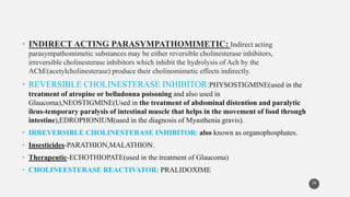 • INDIRECT ACTING PARASYMPATHOMIMETIC: Indirect acting
parasympathomimetic substances may be either reversible cholinesterase inhibitors,
irreversible cholinesterase inhibitors which inhibit the hydrolysis of Ach by the
AChE(acetylcholinesterase) produce their cholinomimetic effects indirectly.
• REVERSIBLE CHOLINESTERASE INHIBITOR:PHYSOSTIGMINE(used in the
treatment of atropine or belladonna poisoning and also used in
Glaucoma),NEOSTIGMINE(Used in the treatment of abdominal distention and paralytic
ileus-temporary paralysis of intestinal muscle that helps in the movement of food through
intestine),EDROPHONIUM(used in the diagnosis of Myasthenia gravis).
• IRREVERSIBLE CHOLINESTERASE INHIBITOR: also known as organophosphates.
• Insesticides-PARATHION,MALATHION.
• Therapeutic-ECHOTHIOPATE(used in the treatment of Glaucoma)
• CHOLINEESTERASE REACTIVATOR: PRALIDOXIME
28
 