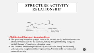 STRUCTURE ACTIVITY
RELATIONSHIP
32
N
+
O R
O
C
H3
CH3
C
H3
Quaternary
ammoniumgroup choline or ethylene bridge
Ester function or
acytoxy group
1.Modification of Quaternary Ammonium Group:
 The quaternary ammonium group is essential for intrinsic activity and contributes to the
affinity of the molecule for the receptors ,partially through the binding energy and
partially because of its action as a detecting group.
 The Trimethyl ammonium group is the optimal functional moiety for the activity
,although some exceptions are known(pilocarpine, Nicotine) and it shows maximal
muscarinic activity.
 