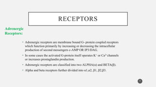 RECEPTORS
 Adrenergic receptors are membrane bound G- protein coupled receptors
which function primarily by increasing or decreasing the intracellular
production of second messengers c-AMP OR IP3/DAG.
 In some cases the activated G-protein itself operates K+ or Ca2+channels
or increases prostaglandin production.
 Adrenergic receptors are classified into two ALPHA(α) and BETA(β).
 Alpha and beta receptors further divided into α1,α2, β1, β2,β3.
5
Adrenergic
Receptors:
 