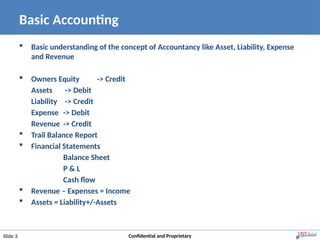 Basic Accounting
Slide 3 Confidential and Proprietary
 Basic understanding of the concept of Accountancy like Asset, Liability, Expense
and Revenue
 Owners Equity -> Credit
Assets -> Debit
Liability -> Credit
Expense -> Debit
Revenue -> Credit
 Trail Balance Report
 Financial Statements
Balance Sheet
P & L
Cash flow
 Revenue – Expenses = Income
 Assets = Liability+/-Assets
 