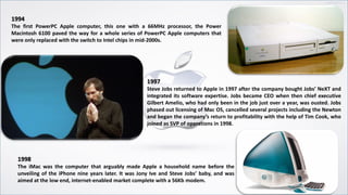1994
The first PowerPC Apple computer, this one with a 66MHz processor, the Power
Macintosh 6100 paved the way for a whole series of PowerPC Apple computers that
were only replaced with the switch to Intel chips in mid-2000s.
1997
Steve Jobs returned to Apple in 1997 after the company bought Jobs’ NeXT and
integrated its software expertise. Jobs became CEO when then chief executive
Gilbert Amelio, who had only been in the job just over a year, was ousted. Jobs
phased out licensing of Mac OS, cancelled several projects including the Newton
and began the company’s return to profitability with the help of Tim Cook, who
joined as SVP of operations in 1998.
1998
The iMac was the computer that arguably made Apple a household name before the
unveiling of the iPhone nine years later. It was Jony Ive and Steve Jobs’ baby, and was
aimed at the low end, internet-enabled market complete with a 56Kb modem.
 