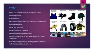 CONT…
▪ Sail cloth (not necessarily racing boat sails)
▪ Sporting goods
▪ Drumheads
▪ Wind instrument reeds, such as the Fibracell brand
▪ Speaker woofers
▪ Boat hull material
▪ Fiber reinforced concrete
▪ Reinforced thermoplastic pipes
▪ Tennis strings (e.g. by Ash away and Prince tennis
companies)
▪ Hockey sticks (normally in composition with such
materials as wood and carbon).
19
 