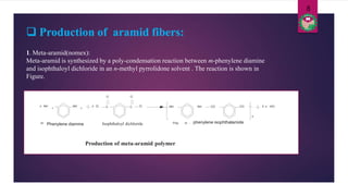 n NH
2
m- Phenylene diamine
2 n HCl
n
n Cl C
PolyIsophthaloyl dichloride m - phenylene isophthalamide
NH NH CO CO
O
C Cl
O
NH
2
Production of meta-aramid polymer.
8
 Production of aramid fibers:
1. Meta-aramid(nomex):
Meta-aramid is synthesized by a poly-condensation reaction between m-phenylene diamine
and isophthaloyl dichloride in an n-methyl pyrrolidone solvent . The reaction is shown in
Figure.
 