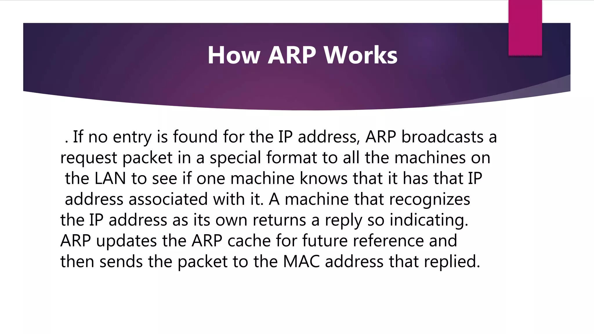 . If no entry is found for the IP address, ARP broadcasts a request packet in a special format to all the machines on the LAN to see if one machine knows that it has that IP address associated with it. A machine that recognizes the IP address as its own returns a reply so indicating. ARP updates the ARP cache for future reference and then sends the packet to the MAC address that replied. How ARP Works 