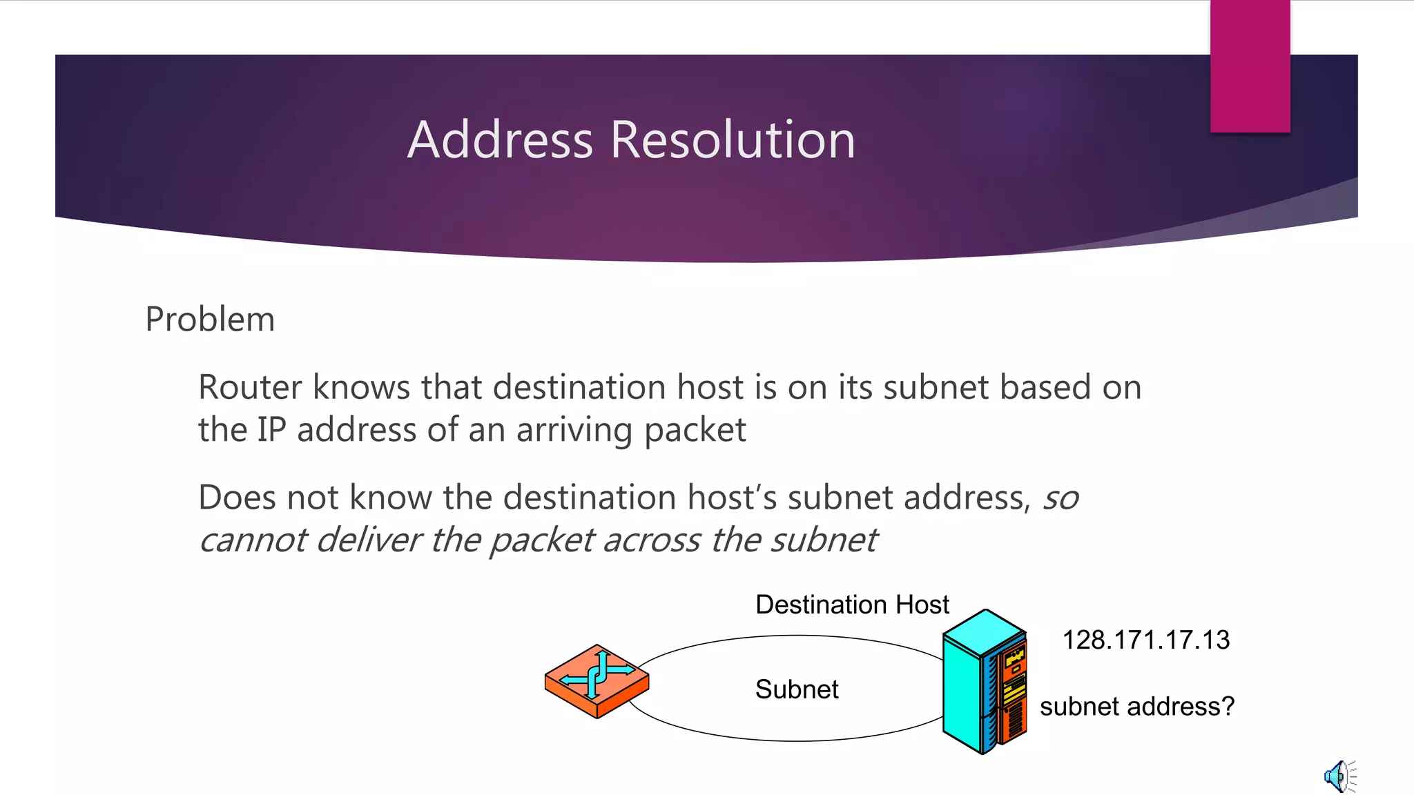 Address Resolution Problem Router knows that destination host is on its subnet based on the IP address of an arriving packet Does not know the destination host’s subnet address, so cannot deliver the packet across the subnet Subnet 128.171.17.13 subnet address? Destination Host 
