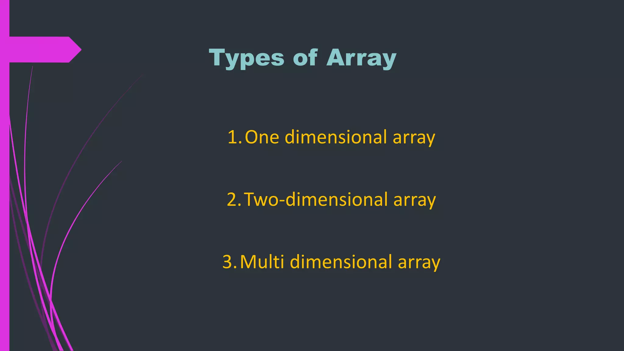 Types of Array 1.One dimensional array 2.Two-dimensional array 3.Multi dimensional array 