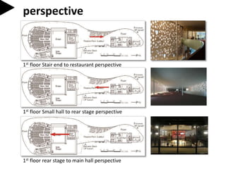 perspective
1st floor Stair end to restaurant perspective
1st floor Small hall to rear stage perspective
1st floor rear stage to main hall perspective
 
