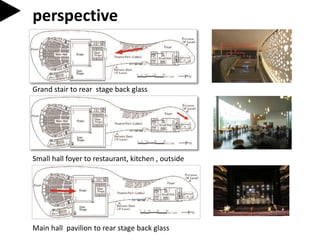 perspective
Grand stair to rear stage back glass
Small hall foyer to restaurant, kitchen , outside
Main hall pavilion to rear stage back glass
 