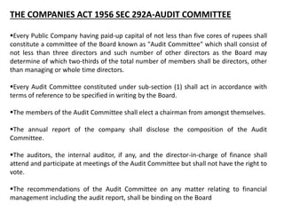THE COMPANIES ACT 1956 SEC 292A-AUDIT COMMITTEE
Every Public Company having paid-up capital of not less than five cores of rupees shall
constitute a committee of the Board known as "Audit Committee" which shall consist of
not less than three directors and such number of other directors as the Board may
determine of which two-thirds of the total number of members shall be directors, other
than managing or whole time directors.
Every Audit Committee constituted under sub-section (1) shall act in accordance with
terms of reference to be specified in writing by the Board.
The members of the Audit Committee shall elect a chairman from amongst themselves.
The annual report of the company shall disclose the composition of the Audit
Committee.
The auditors, the internal auditor, if any, and the director-in-charge of finance shall
attend and participate at meetings of the Audit Committee but shall not have the right to
vote.
The recommendations of the Audit Committee on any matter relating to financial
management including the audit report, shall be binding on the Board
 