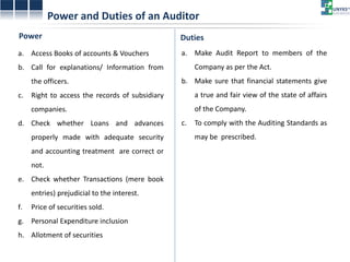 Power and Duties of an Auditor 
a.Access Books of accounts & Vouchers 
b.Call for explanations/ Information from the officers. 
c.Right to access the records of subsidiary companies. 
d.Check whether Loans and advances properly made with adequate security and accounting treatment are correct or not. 
e.Check whether Transactions (mere book entries) prejudicial to the interest. 
f.Price of securities sold. 
g.Personal Expenditure inclusion 
h.Allotment of securities 
Power 
Duties 
a.Make Audit Report to members of the Company as per the Act. 
b.Make sure that financial statements give a true and fair view of the state of affairs of the Company. 
c.To comply with the Auditing Standards as may be prescribed.  