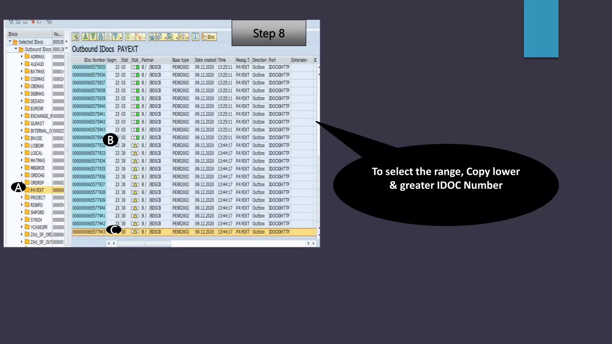 A
B
C
To select the range, Copy lower
& greater IDOC Number
Step 8