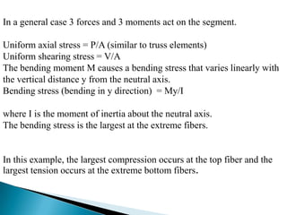 In a general case 3 forces and 3 moments act on the segment.
Uniform axial stress = P/A (similar to truss elements)
Uniform shearing stress = V/A
The bending moment M causes a bending stress that varies linearly with
the vertical distance y from the neutral axis.
Bending stress (bending in y direction) = My/I
where I is the moment of inertia about the neutral axis.
The bending stress is the largest at the extreme fibers.

In this example, the largest compression occurs at the top fiber and the
largest tension occurs at the extreme bottom fibers.

 