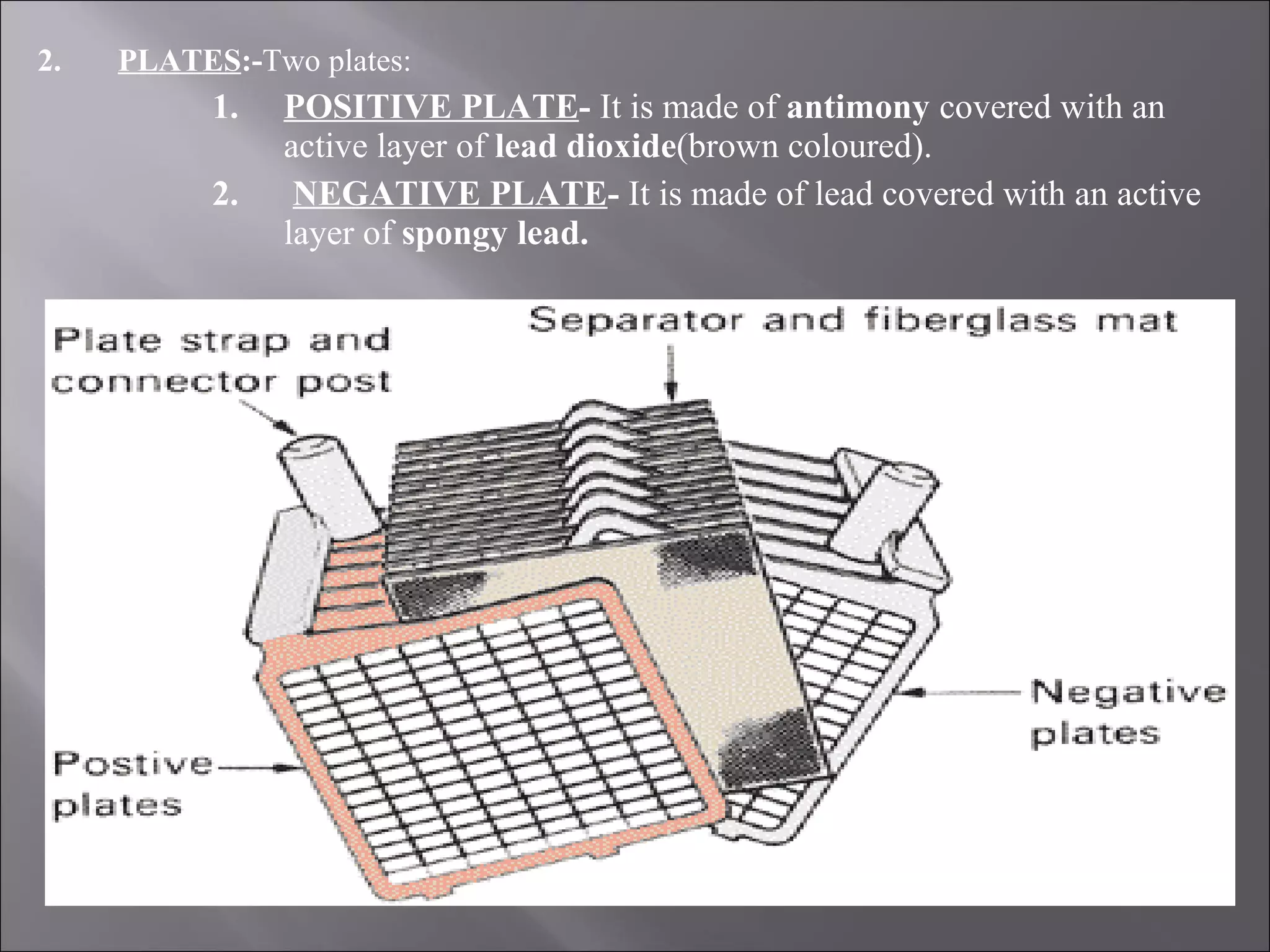 2. PLATES:-Two plates:
1. POSITIVE PLATE- It is made of antimony covered with an
active layer of lead dioxide(brown coloured).
2. NEGATIVE PLATE- It is made of lead covered with an active
layer of spongy lead.
 