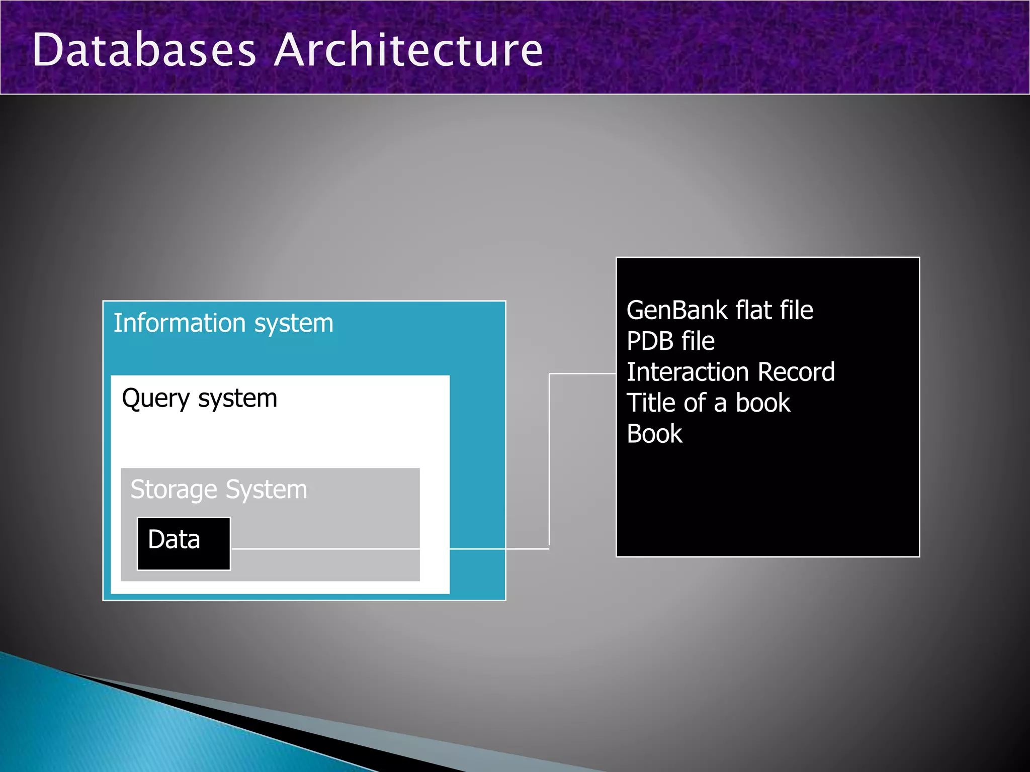 Information system
Query system
Storage System
Data
GenBank flat file
PDB file
Interaction Record
Title of a book
Book
Databases Architecture
 