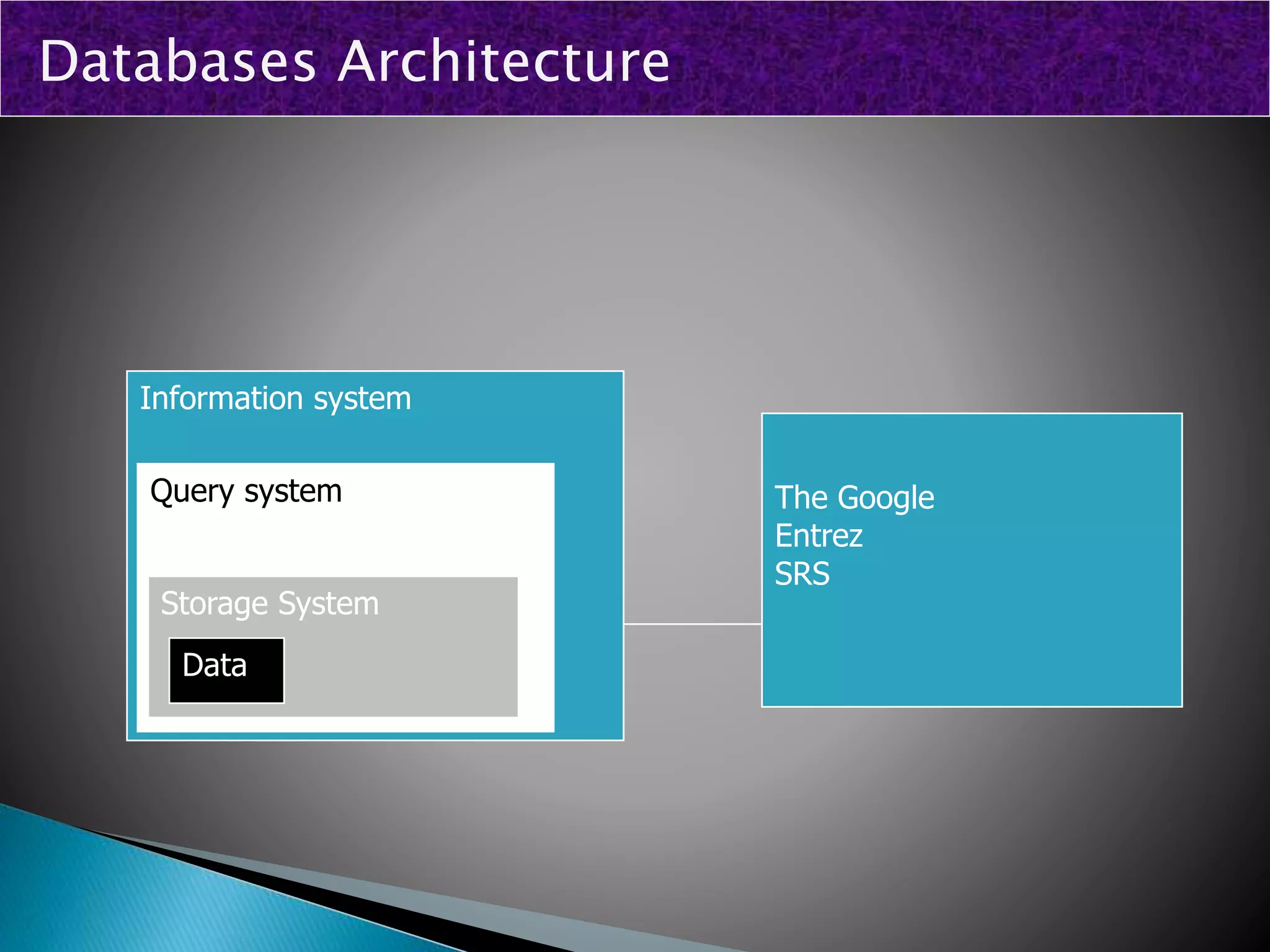 The Google
Entrez
SRS
Information system
Query system
Storage System
Data
Databases Architecture
 