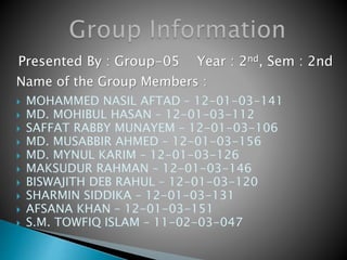 Presented By : Group-05 Year : 2nd, Sem : 2nd
Name of the Group Members :
 MOHAMMED NASIL AFTAD – 12-01-03-141
 MD. MOHIBUL HASAN – 12-01-03-112
 SAFFAT RABBY MUNAYEM – 12-01-03-106
 MD. MUSABBIR AHMED – 12-01-03-156
 MD. MYNUL KARIM – 12-01-03-126
 MAKSUDUR RAHMAN – 12-01-03-146
 BISWAJITH DEB RAHUL – 12-01-03-120
 SHARMIN SIDDIKA – 12-01-03-131
 AFSANA KHAN – 12-01-03-151
 S.M. TOWFIQ ISLAM – 11-02-03-047
 