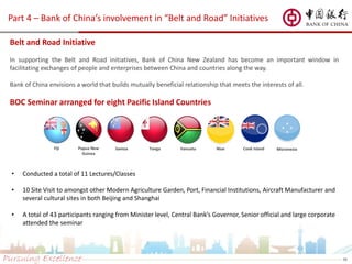 Pursuing Excellence 15
Belt and Road Initiative
In supporting the Belt and Road initiatives, Bank of China New Zealand has become an important window in
facilitating exchanges of people and enterprises between China and countries along the way.
Bank of China envisions a world that builds mutually beneficial relationship that meets the interests of all.
BOC Seminar arranged for eight Pacific Island Countries
Fiji Papua New
Guinea
Samoa Tonga Vanuatu Niue Cook Island Micronesia
Part 4 – Bank of China’s involvement in “Belt and Road” Initiatives
• Conducted a total of 11 Lectures/Classes
• 10 Site Visit to amongst other Modern Agriculture Garden, Port, Financial Institutions, Aircraft Manufacturer and
several cultural sites in both Beijing and Shanghai
• A total of 43 participants ranging from Minister level, Central Bank’s Governor, Senior official and large corporate
attended the seminar
 