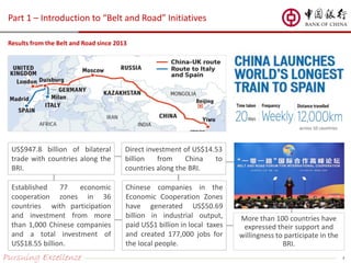 Pursuing Excellence 7
Part 1 – Introduction to “Belt and Road” Initiatives
Results from the Belt and Road since 2013
US$947.8 billion of bilateral
trade with countries along the
BRI.
Direct investment of US$14.53
billion from China to
countries along the BRI.
Established 77 economic
cooperation zones in 36
countries with participation
and investment from more
than 1,000 Chinese companies
and a total investment of
US$18.55 billion.
Chinese companies in the
Economic Cooperation Zones
have generated US$50.69
billion in industrial output,
paid US$1 billion in local taxes
and created 177,000 jobs for
the local people.
More than 100 countries have
expressed their support and
willingness to participate in the
BRI.
across 10 countries
 