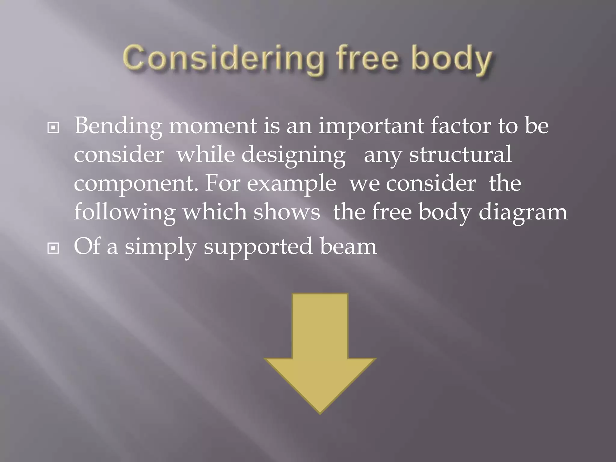 



Bending moment is an important factor to be
consider while designing any structural
component. For example we consider the
following which shows the free body diagram
Of a simply supported beam

 