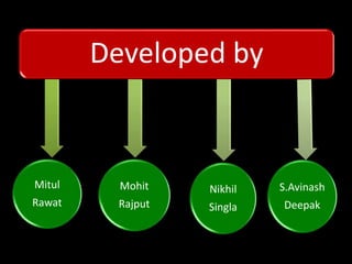 Developed by
Mitul
Rawat
Mohit
Rajput
Nikhil
Singla
S.Avinash
Deepak
 