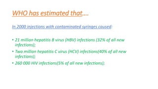 WHO has estimated that….
In 2000 injections with contaminated syringes caused:
• 21 million hepatitis B virus (HBV) infections (32% of all new
infections);
• Two million hepatitis C virus (HCV) infections(40% of all new
infections);
• 260 000 HIV infections(5% of all new infections);
 
