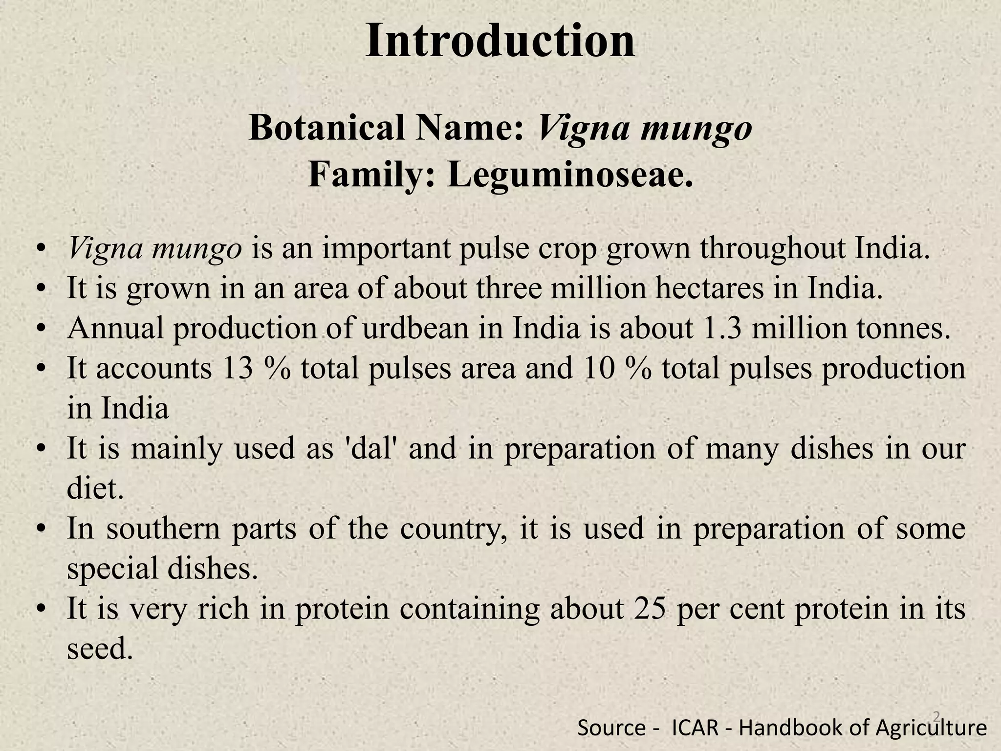 Introduction
Botanical Name: Vigna mungo
Family: Leguminoseae.
• Vigna mungo is an important pulse crop grown throughout India.
• It is grown in an area of about three million hectares in India.
• Annual production of urdbean in India is about 1.3 million tonnes.
• It accounts 13 % total pulses area and 10 % total pulses production
in India
• It is mainly used as 'dal' and in preparation of many dishes in our
diet.
• In southern parts of the country, it is used in preparation of some
special dishes.
• It is very rich in protein containing about 25 per cent protein in its
seed.
Source - ICAR - Handbook of Agriculture
2
 