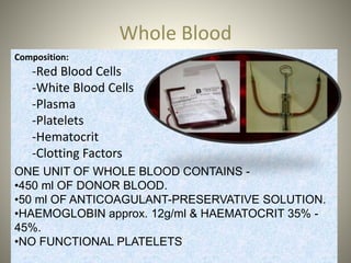 Whole Blood
Composition:
-Red Blood Cells
-White Blood Cells
-Plasma
-Platelets
-Hematocrit
-Clotting Factors
ONE UNIT OF WHOLE BLOOD CONTAINS -
•450 ml OF DONOR BLOOD.
•50 ml OF ANTICOAGULANT-PRESERVATIVE SOLUTION.
•HAEMOGLOBIN approx. 12g/ml & HAEMATOCRIT 35% -
45%.
•NO FUNCTIONAL PLATELETS
 