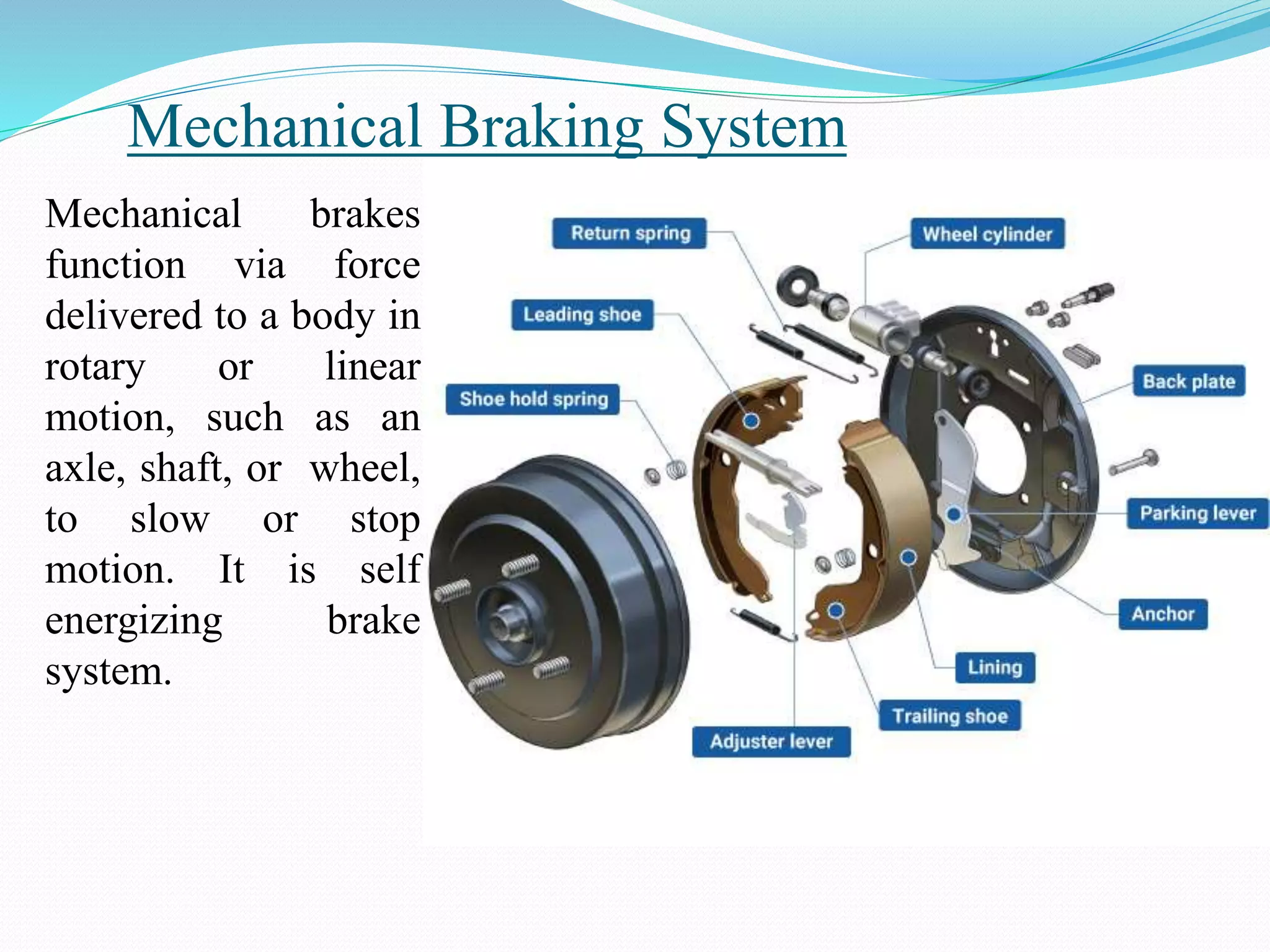 Mechanical Braking System
Mechanical brakes
function via force
delivered to a body in
rotary or linear
motion, such as an
axle, shaft, or wheel,
to slow or stop
motion. It is self
energizing brake
system.
 