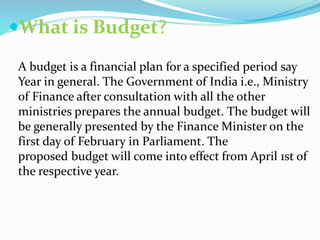 What is Budget?
A budget is a financial plan for a specified period say
Year in general. The Government of India i.e., Mi...