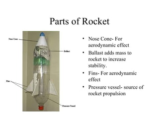 Parts of Rocket
• Nose Cone- For
aerodynamic effect
• Ballast adds mass to
rocket to increase
stability.
• Fins- For aerodynamic
effect
• Pressure vessel- source of
rocket propulsion
 