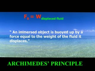 F B  = W displaced fluid ARCHIMEDES’ PRINCIPLE “  An immersed object is buoyed up by a force equal to the weight of the fluid it displaces.”  