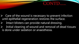 CONTD…..
 Care of the wound is necessary to prevent infection
until epithelial regeneration restores the surface.
 Intact blisters can provide natural dressing.
 Initial cleaning of wound and removal of dead tissues
is done under sedation or anaesthesia.
 