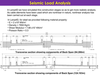 In Larsa4D we have simulated this construction stages so as to get more realistic analysis.
As cable elements have been used which are nonlinear in nature, nonlinear analysis has
been carried out at each stage.
In Larsa4D, for steel we provided following material property:
• E = 2 x108
KN/m2
• Density = 7850 Kg/m
• Shear Modulus = 7.88 x107
KN/m2
• Poisson Ratio = 0.3
Transverse section showing components of Back Span (64.266m)
65mm WEARING
COAT
Transverse section showing components of Back Span (124.163m)
65mm WEARING
COAT
Seismic Load Analysis
 