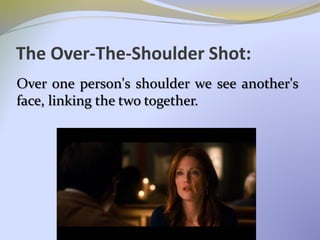 The Over-The-Shoulder Shot:
Over one person's shoulder we see another's
face, linking the two together.
 