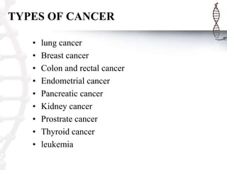 TYPES OF CANCER
• lung cancer
• Breast cancer
• Colon and rectal cancer
• Endometrial cancer
• Pancreatic cancer
• Kidney cancer
• Prostrate cancer
• Thyroid cancer
• leukemia
 