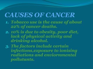 CAUSES OF CANCER
1. Tobacco use is the cause of about
22% of cancer deaths.
2. 10% is due to obesity, poor diet,
lack of physical activity and
drinking alcohol.
3. The factors include certain
infections,exposure to ionising
radiations and enviornmental
pollutants.
 
