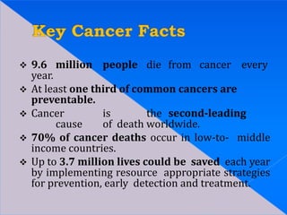  9.6 million people die from cancer every
year.
 At least one third of common cancers are
preventable.
 Cancer is the second-leading
cause of death worldwide.
 70% of cancer deaths occur in low-to- middle
income countries.
 Up to 3.7 million lives could be saved each year
by implementing resource appropriate strategies
for prevention, early detection and treatment.
 