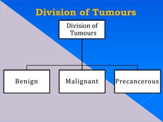 Division of
Tumours
Benign Malignant Precancerous
 