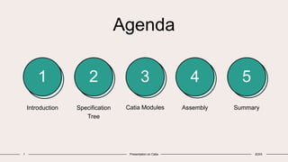 Agenda
1 2 3 4 5
Introduction Specification
Tree
Catia Modules Assembly Summary
1 Presentation on Catia 20XX
 