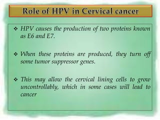 HPV causes the production of two proteins known
  as E6 and E7.

 When these proteins are produced, they turn off
  some tumor suppressor genes.

 This may allow the cervical lining cells to grow
  uncontrollably, which in some cases will lead to
  cancer
 