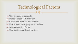 
 Alter life cycle of products
 Increase speed of distribution
 Create new products and services
 Ease limitations of geographic markets
 Alter economies of scale
 Changes in entry & exit barriers
Technological Factors
 