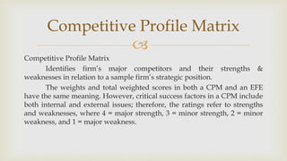 
Competitive Profile Matrix
Competitive Profile Matrix
Identifies firm’s major competitors and their strengths &
weaknesses in relation to a sample firm’s strategic position.
The weights and total weighted scores in both a CPM and an EFE
have the same meaning. However, critical success factors in a CPM include
both internal and external issues; therefore, the ratings refer to strengths
and weaknesses, where 4 = major strength, 3 = minor strength, 2 = minor
weakness, and 1 = major weakness.
 