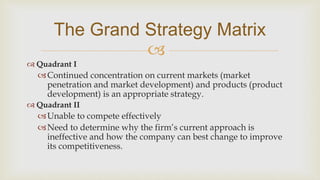
The Grand Strategy Matrix
 Quadrant I
Continued concentration on current markets (market
penetration and market development) and products (product
development) is an appropriate strategy.
 Quadrant II
Unable to compete effectively
Need to determine why the firm’s current approach is
ineffective and how the company can best change to improve
its competitiveness.
 