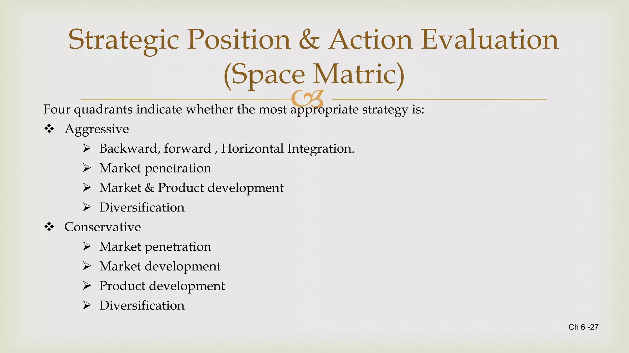 
Ch 6 -27
Strategic Position & Action Evaluation
(Space Matric)
Four quadrants indicate whether the most appropriate strategy is:
 Aggressive
 Backward, forward , Horizontal Integration.
 Market penetration
 Market & Product development
 Diversification
 Conservative
 Market penetration
 Market development
 Product development
 Diversification
 