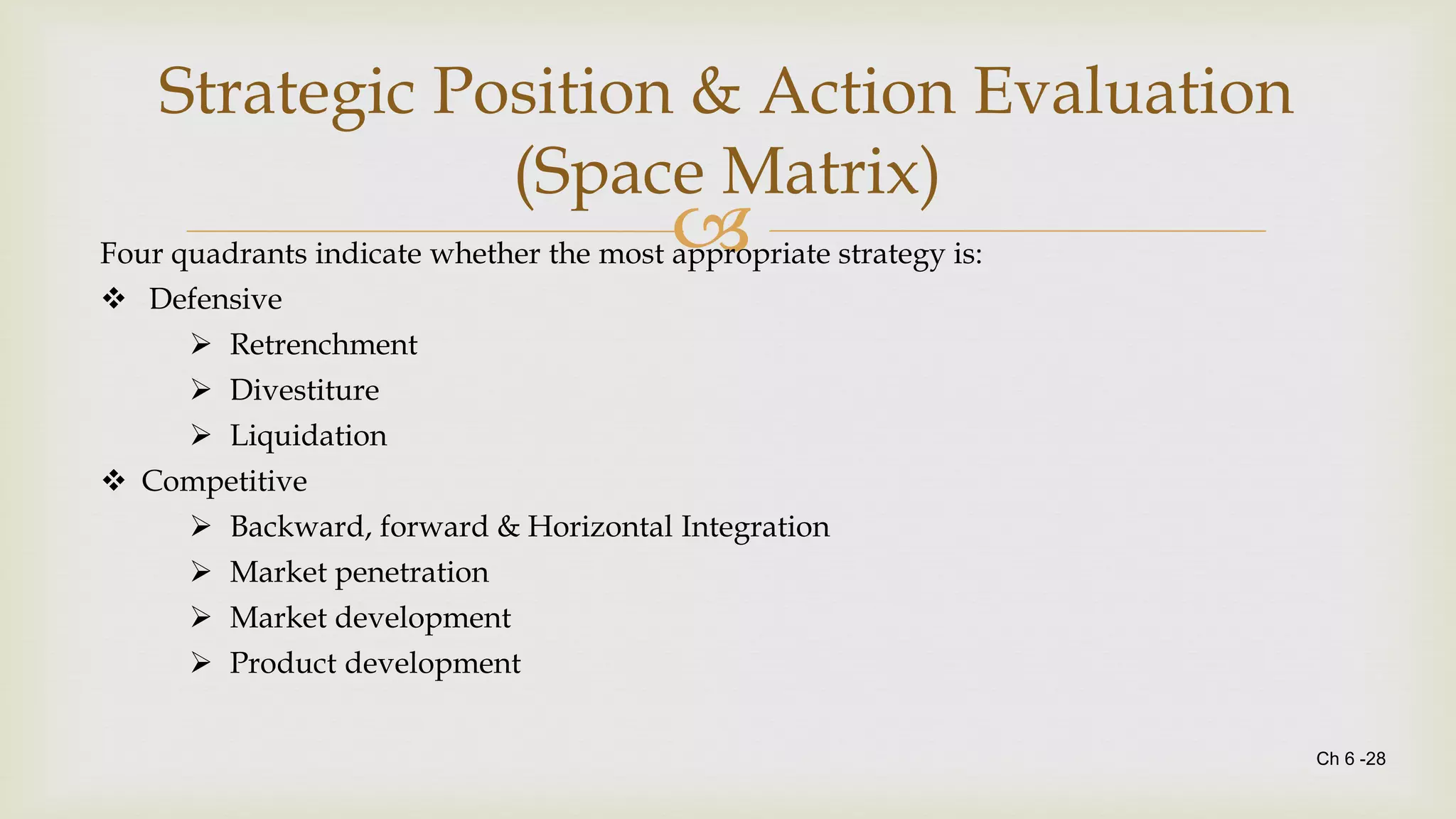 
Ch 6 -28
Strategic Position & Action Evaluation
(Space Matrix)
Four quadrants indicate whether the most appropriate strategy is:
 Defensive
 Retrenchment
 Divestiture
 Liquidation
 Competitive
 Backward, forward & Horizontal Integration
 Market penetration
 Market development
 Product development
 