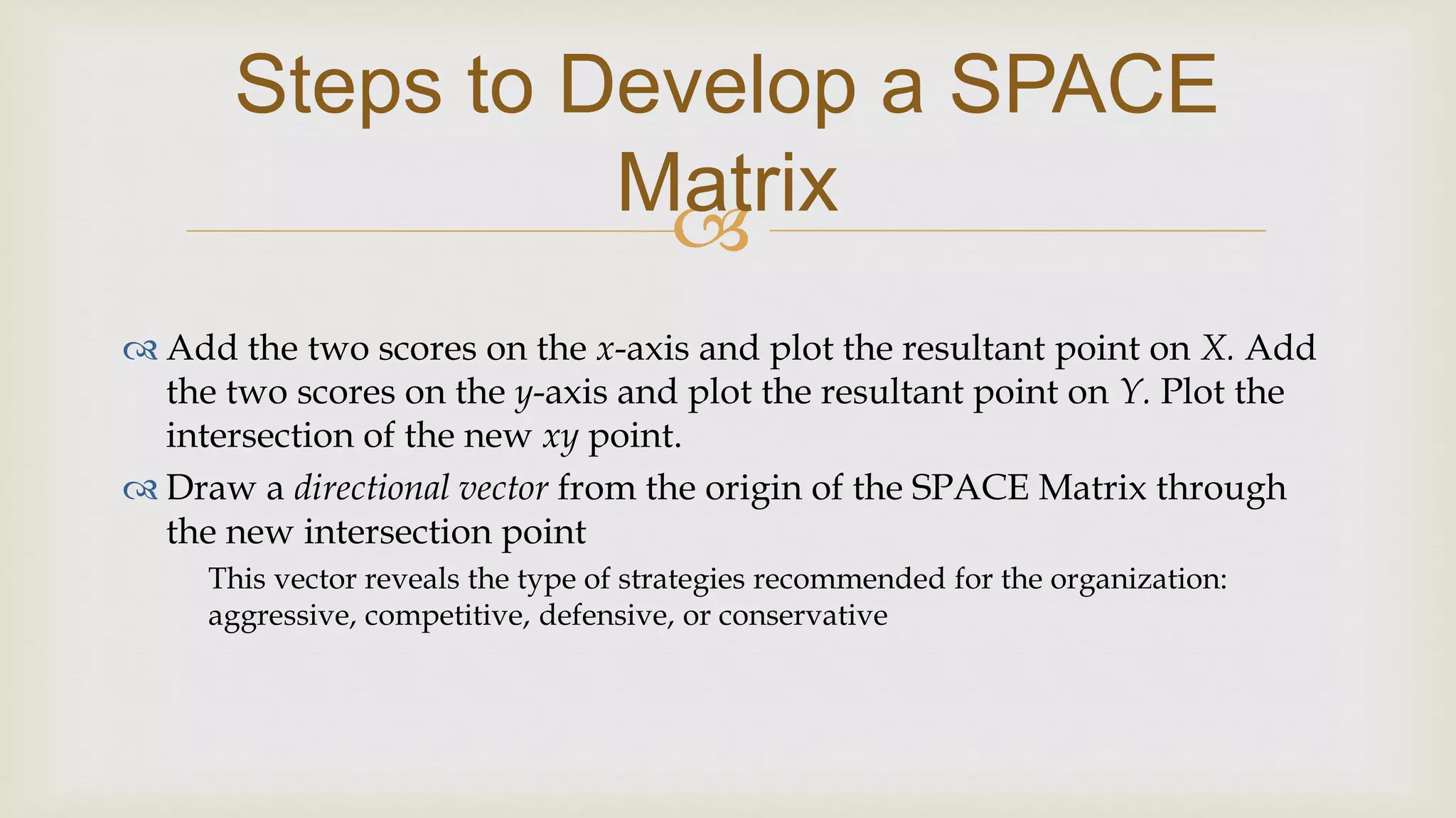 
Steps to Develop a SPACE
Matrix
 Add the two scores on the x-axis and plot the resultant point on X. Add
the two scores on the y-axis and plot the resultant point on Y. Plot the
intersection of the new xy point.
 Draw a directional vector from the origin of the SPACE Matrix through
the new intersection point
This vector reveals the type of strategies recommended for the organization:
aggressive, competitive, defensive, or conservative
 