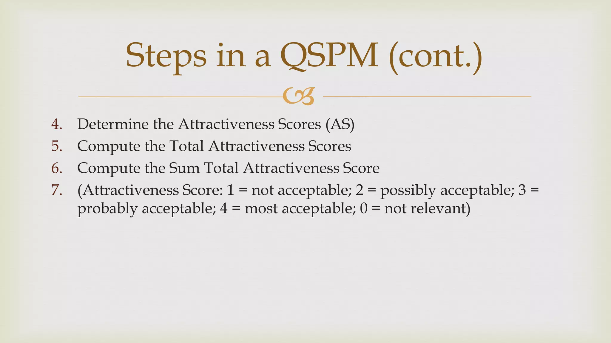 
Steps in a QSPM (cont.)
4. Determine the Attractiveness Scores (AS)
5. Compute the Total Attractiveness Scores
6. Compute the Sum Total Attractiveness Score
7. (Attractiveness Score: 1 = not acceptable; 2 = possibly acceptable; 3 =
probably acceptable; 4 = most acceptable; 0 = not relevant)
 