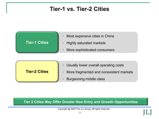 Tier-1 vs. Tier-2 Cities



                        • Most expensive cities in China
 Tier-1 Cities          • Highly saturated markets
                        • More sophisticated consumers



                        • Usually lower overall operating costs
 Tier-2 Cities          • More fragmented and nonexistent markets
                        • Burgeoning middle class




Tier 2 Cities May Offer Greater New Entry and Growth Opportunities
                    Copyright @ 2009 The JLJ Group. All rights reserved.
                                        15
 