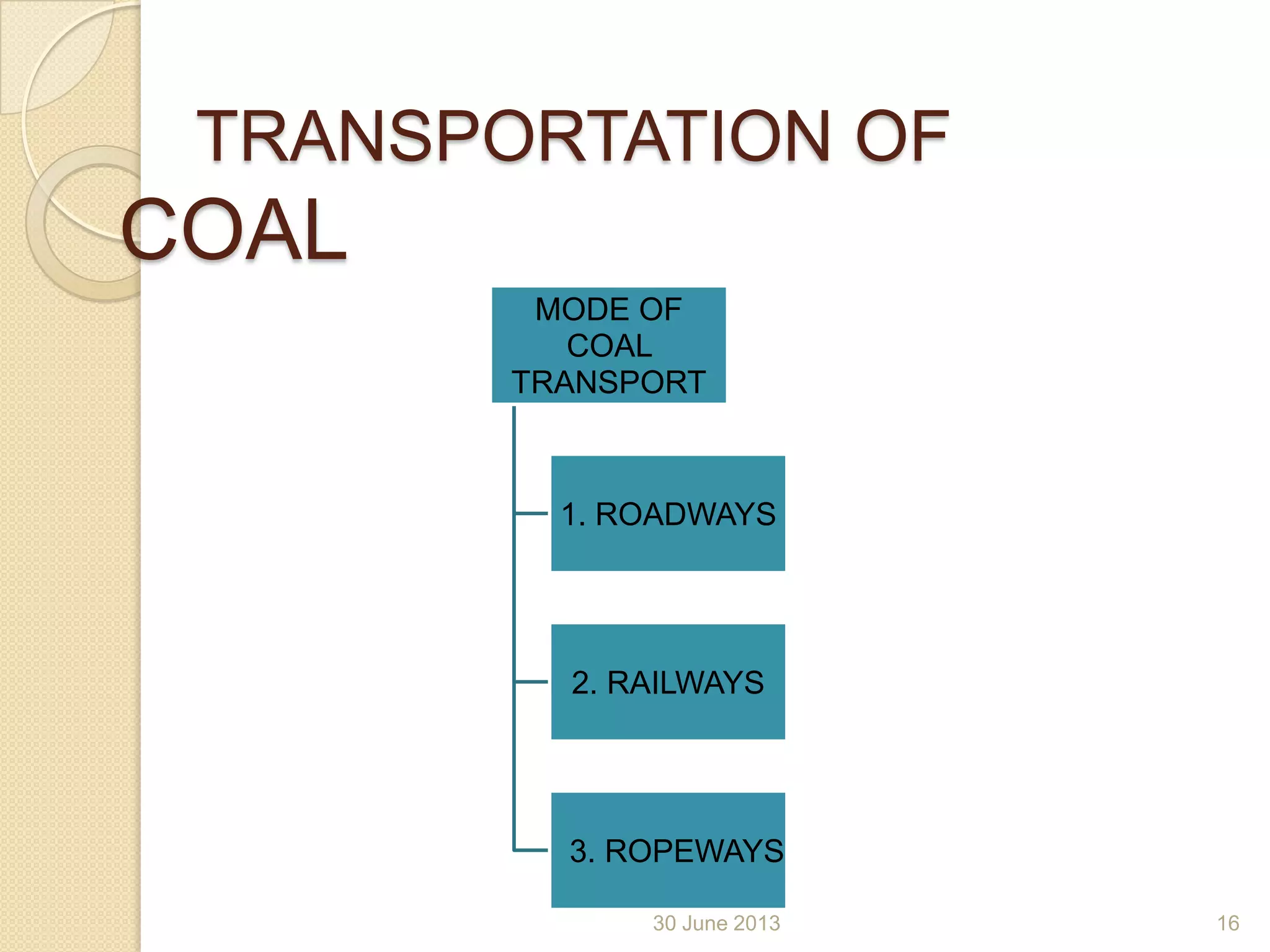 30 June 2013
TRANSPORTATION OF
COAL
MODE OF
COAL
TRANSPORT
1. ROADWAYS
2. RAILWAYS
3. ROPEWAYS
16
 