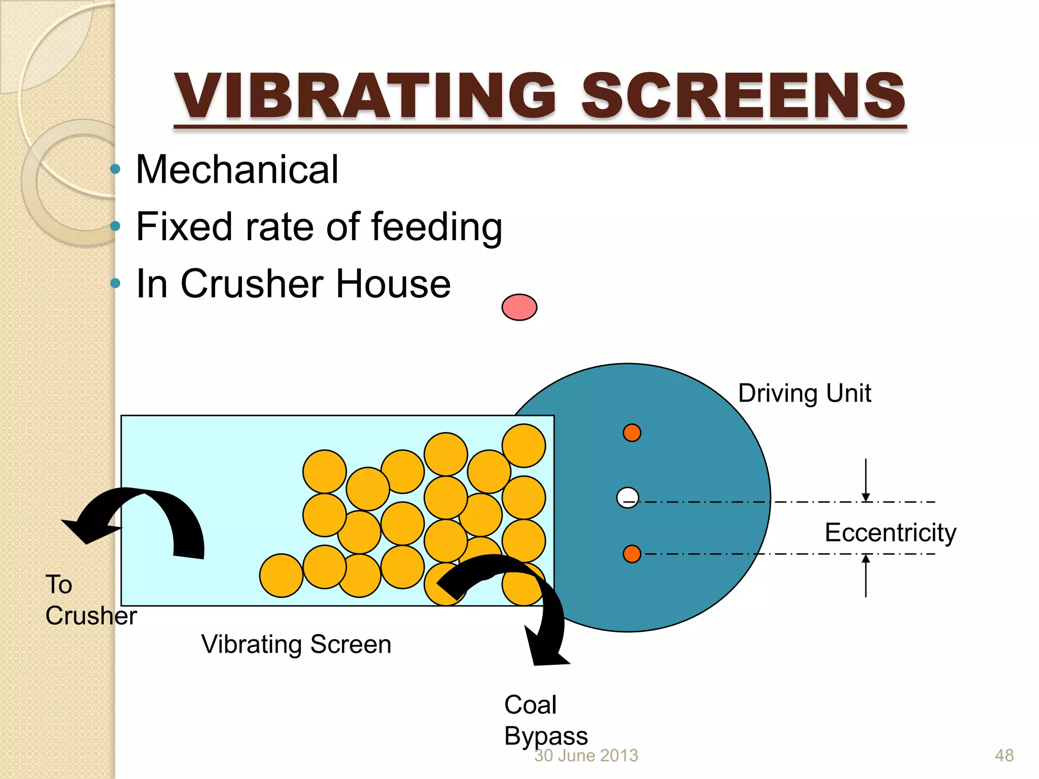 30 June 2013
VIBRATING SCREENS
• Mechanical
• Fixed rate of feeding
• In Crusher House
Eccentricity
Vibrating Screen
Driving Unit
Coal
Bypass
To
Crusher
48
 
